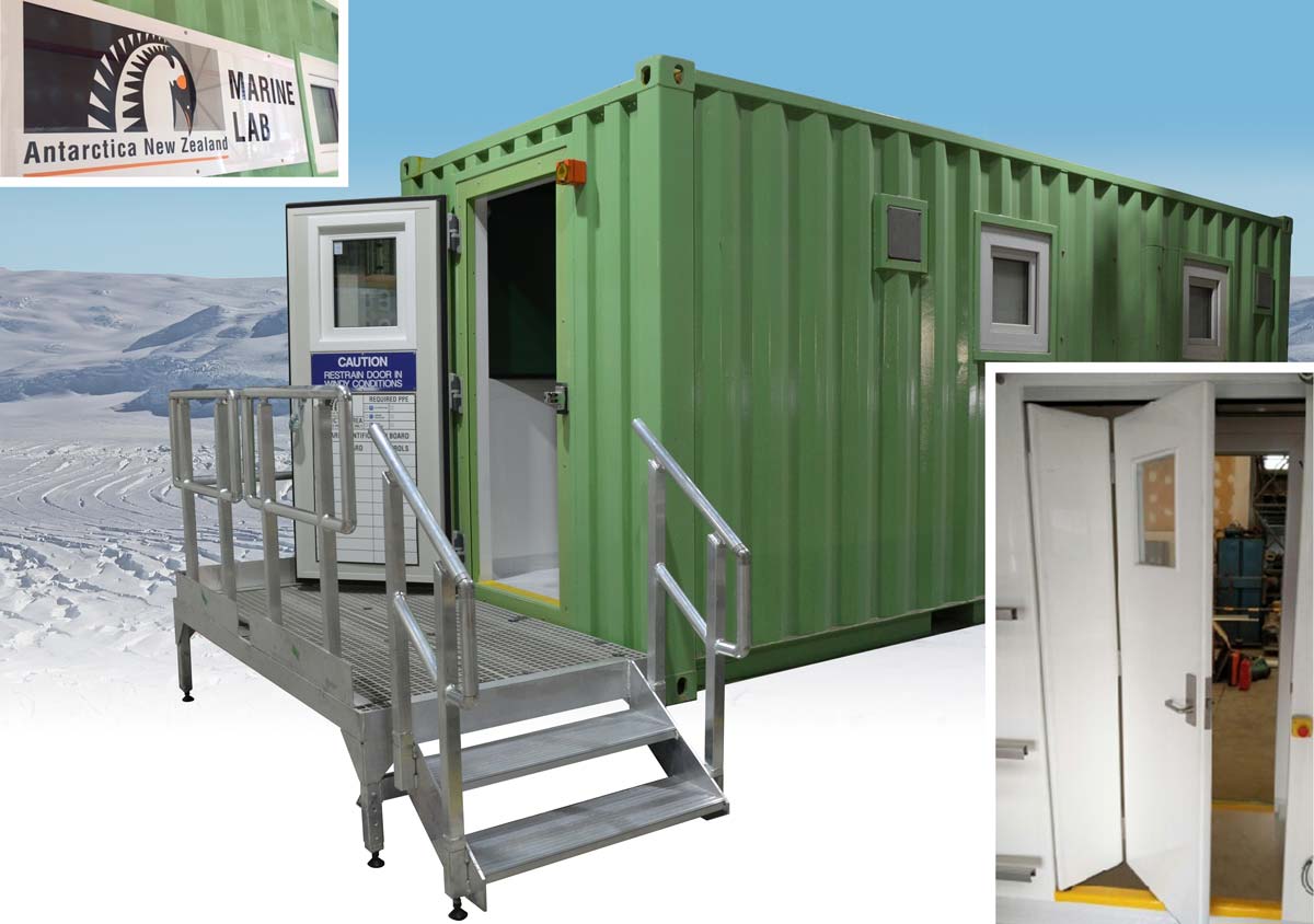 Antartica New Zealand’s insulated container laboratory fit-out bound for Scott Base.
Inset: Vacuum formed insulated Bi-fold doors, fibreglass outer skin.
Photos: Simon Shelton© Antarctica New Zealand (2016-17)