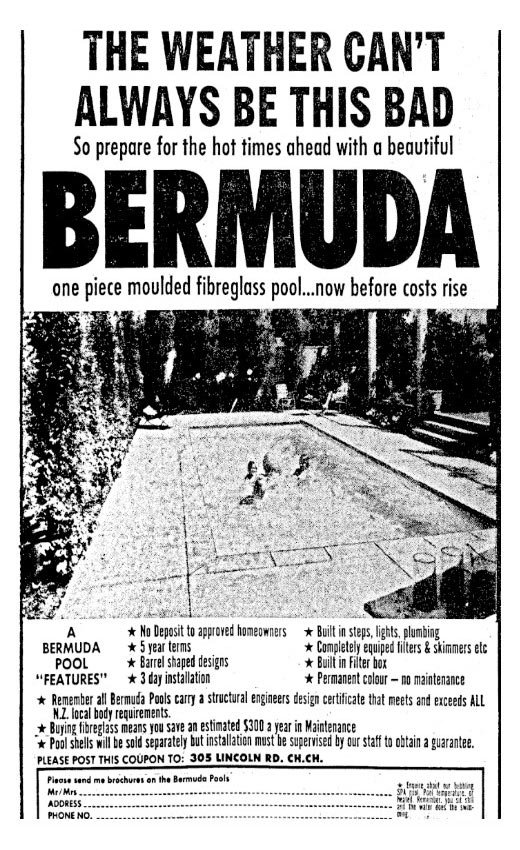 'The Weather Can't Always Be This Bad', Bermuda Pool ad in The Christchurch Press, 1977