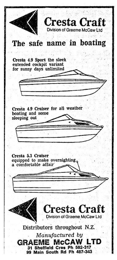 'The Safe Name in Boating', Cresta Craft ad in The Christchurch Press.