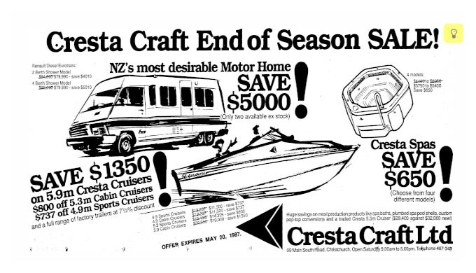 May, Cresta publishes ad for motorhomes, spas and the Cresta Craft in the Christchurch Press.