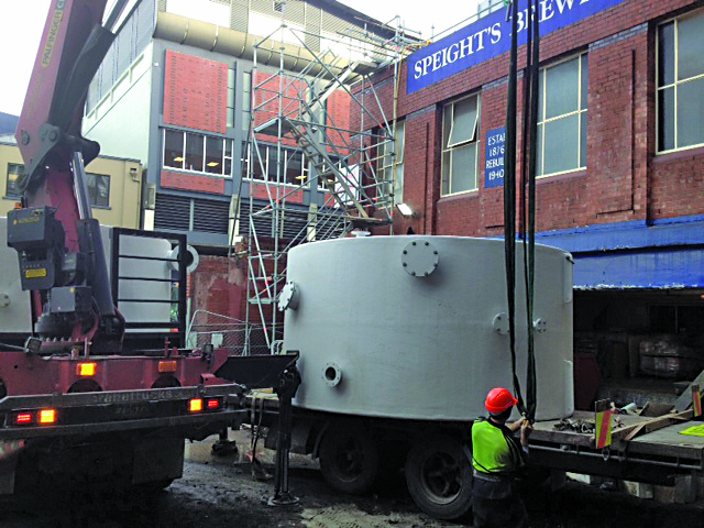 Insulated fibreglass tanks being installed at the Speights Brewery in Dunedin.