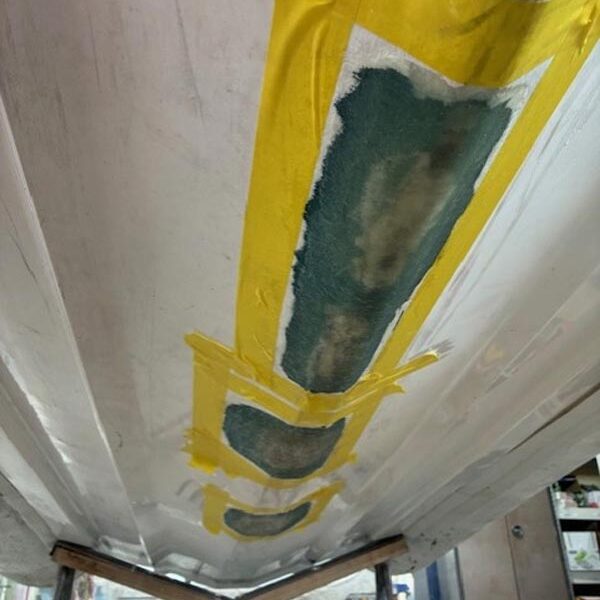 A boat hull during a fibreglass repair